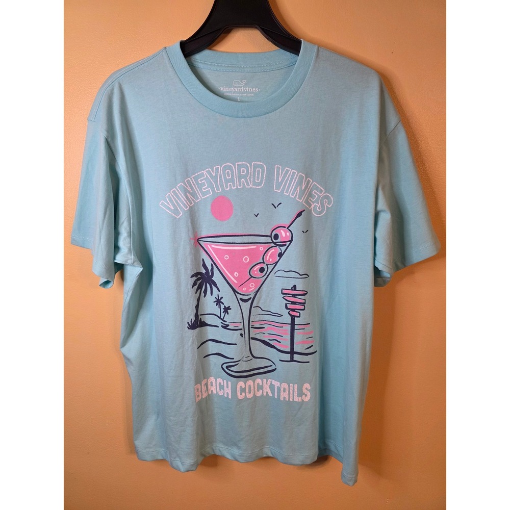 Vineyard Vines Mens Large Light Blue Beach Cocktails Graphic T-Shirt Cotton